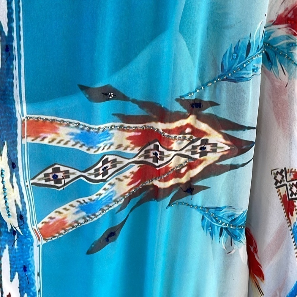VINTAGE COLLECTIONS  Southwestern Aztec Blue Beaded Handkerchief Dress Size S - Picture 8 of 12